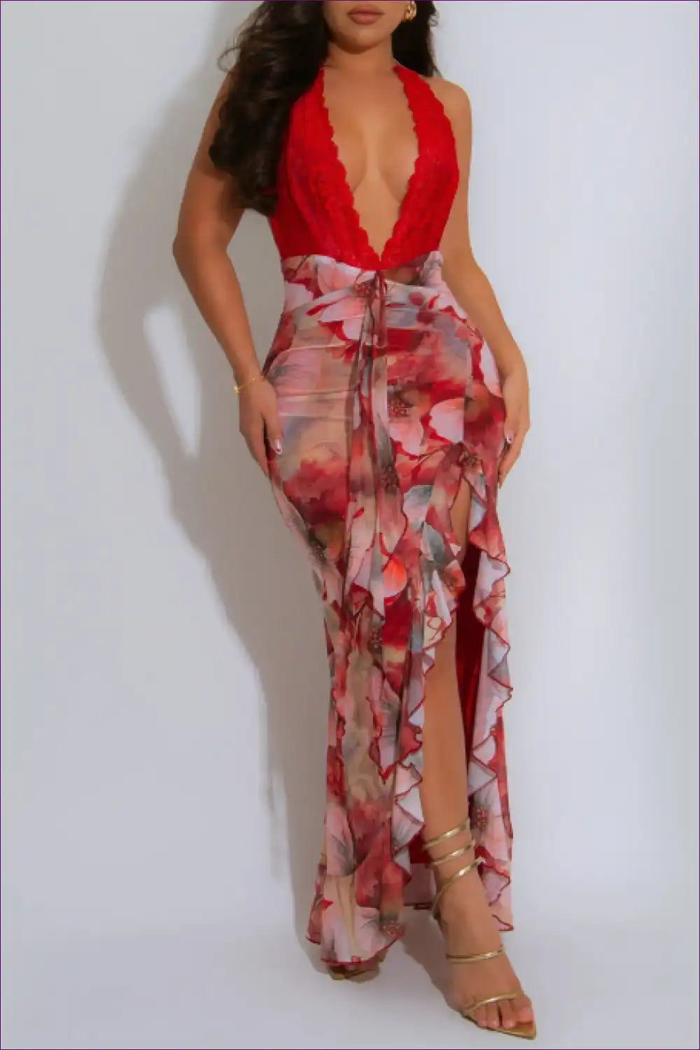 Halter Maxi Dress with Plunge and Ruffle - Statement Events for Cutout, Evening Wear, Floral, Formal Halter