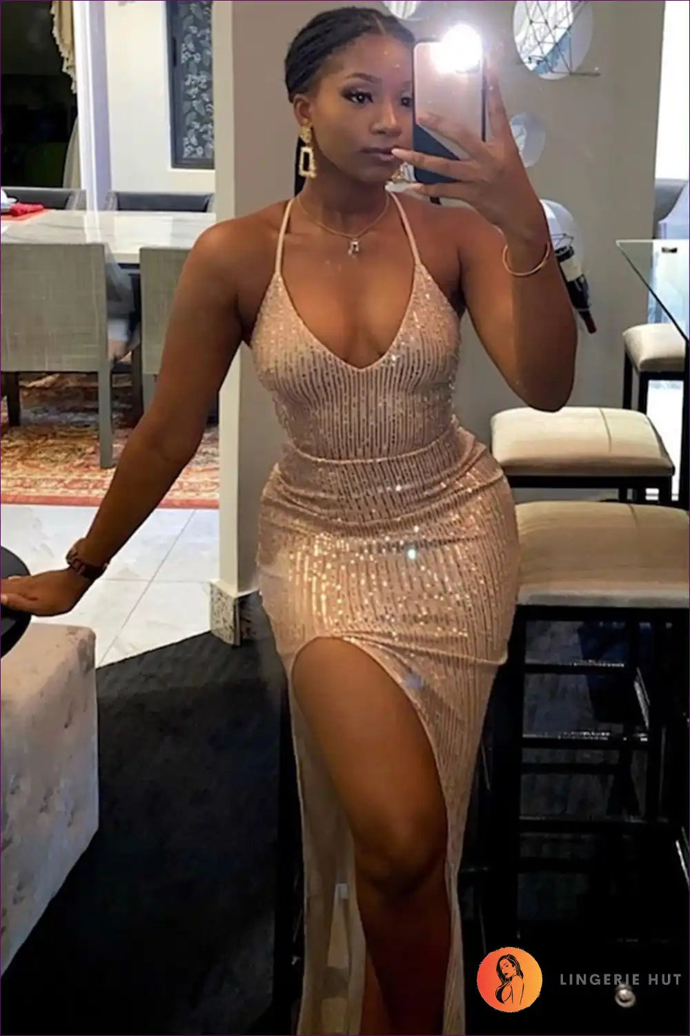 Halter Maxi Dress with Sequin Detailing - Elegant Evening Drama for Backless, Dress, Evening Wear, Formal