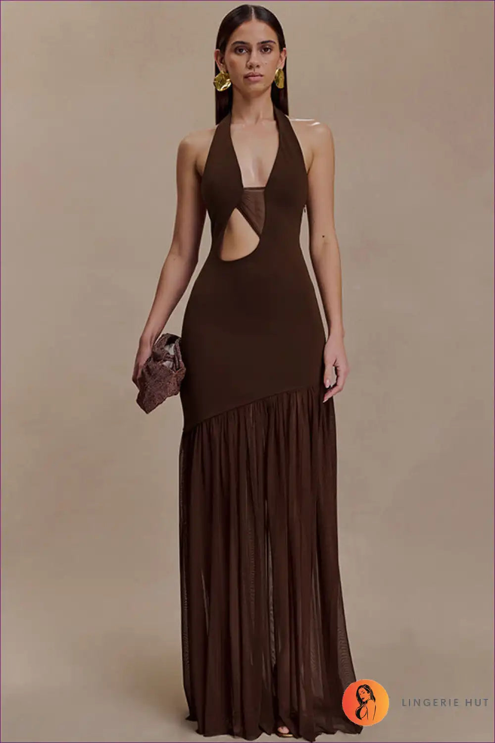 Halter Maxi Dress with Sheer Pleated Skirt - Elegant Evenings for Cutout, Dresses, Evening Wear, Formal Halter