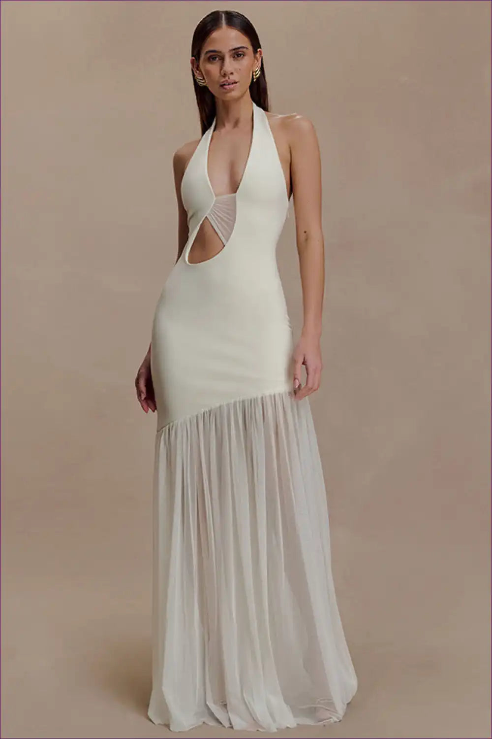 Halter Maxi Dress with Sheer Pleated Skirt - Elegant Evenings for Cutout, Dresses, Evening Wear, Formal Halter