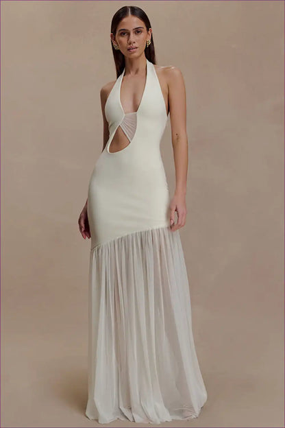Halter Maxi Dress with Sheer Pleated Skirt - Elegant Evenings for Cutout, Dresses, Evening Wear, Formal Halter
