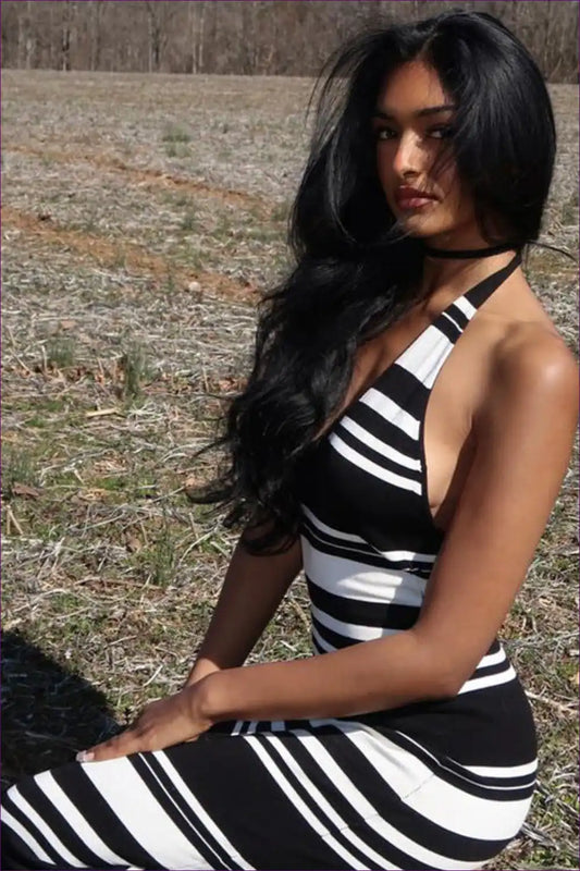 Halter Maxi Dress with Striped Panels - Summer Ease for Backless, Casual, Cutout, Dress, Everyday