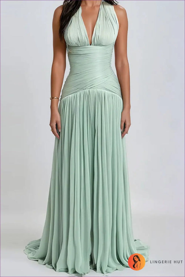 Halter Maxi Gown with Ruched Waist Detail - Evening Glamour