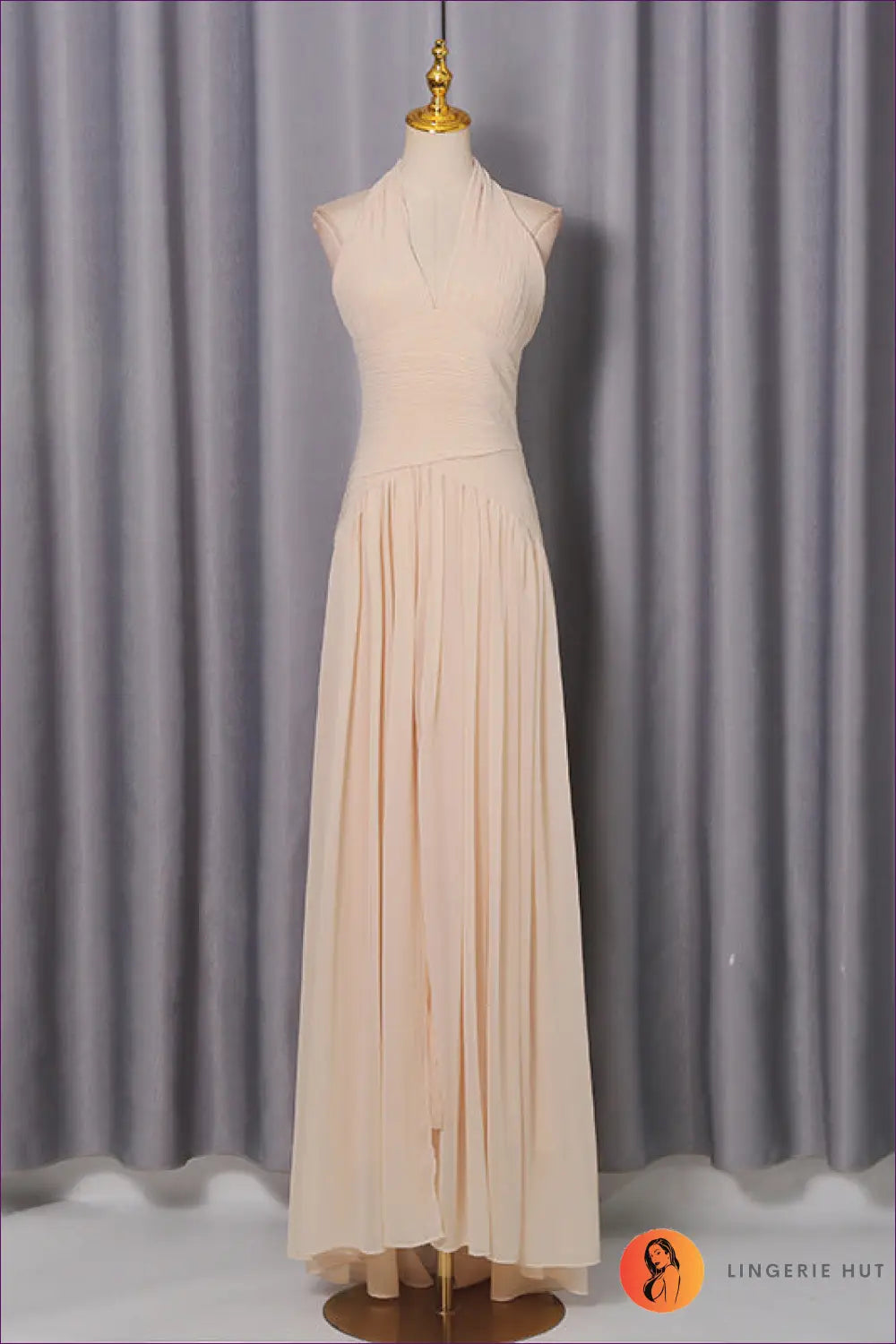 Halter Maxi Gown with Ruched Waist Detail - Evening Glamour - s / Apricot - Bodycon Dress - Dresses