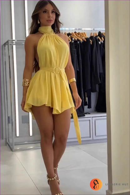 Halter Mini Dress with Belted Waist - Playful Summer Chic for Casual, Cutout, Dress, Everyday, Halter