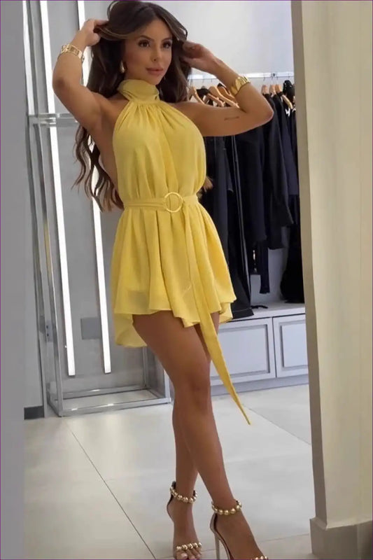 Halter Mini Dress with Belted Waist - Playful Summer Chic for Casual, Cutout, Dress, Everyday, Halter