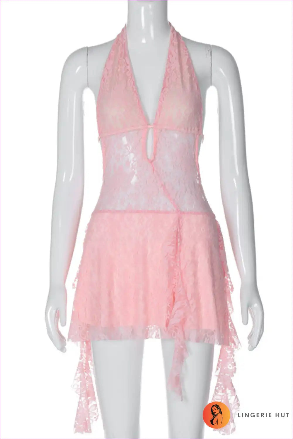 Halter Mini Dress with Lace Panels - Midnight Allure for Backless, Bodycon, Clubwear, Cutout, Date Night