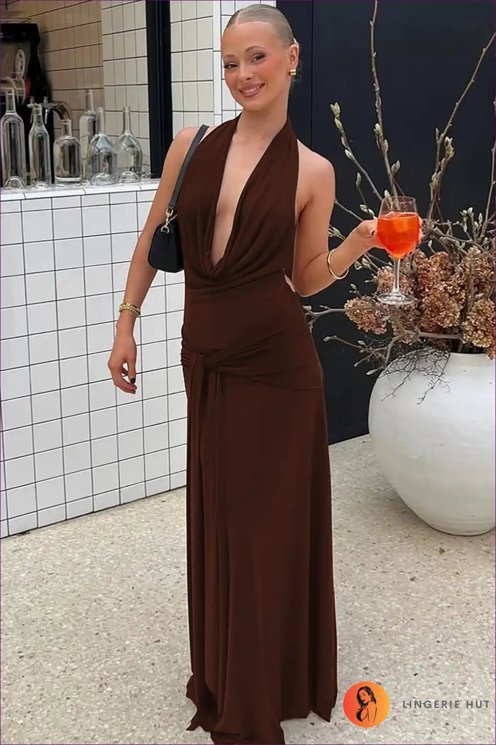 Halter Neck Backless Maxi Dress with Draped Waist - Evening Muse for Backless, Date Night, Evening Wear,