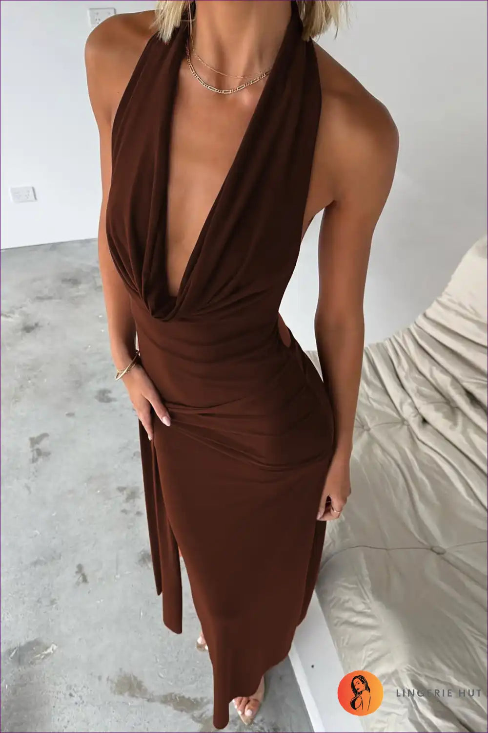 Halter Neck Backless Maxi Dress with Draped Waist - Evening Muse for Backless, Date Night, Evening Wear,