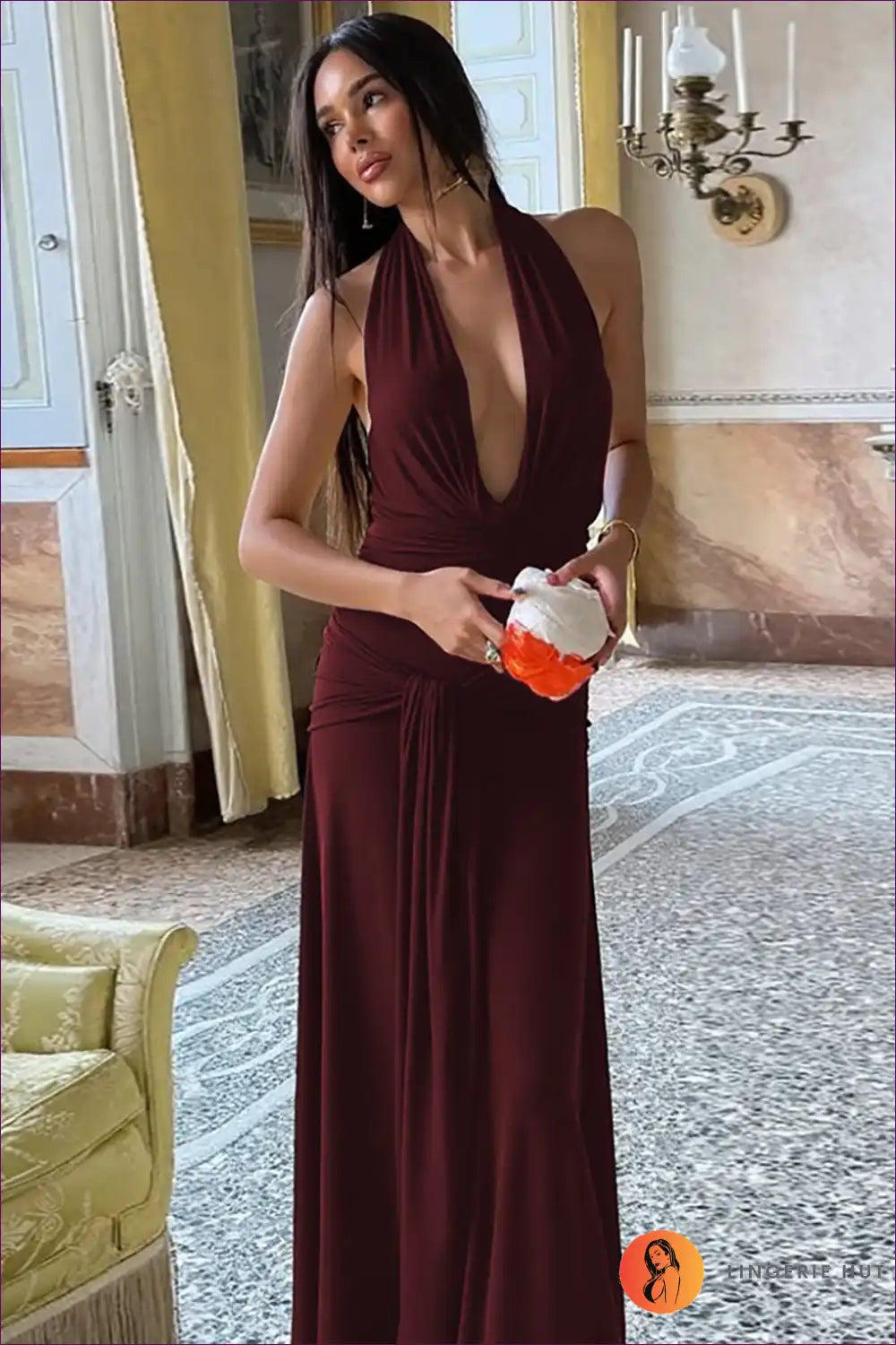 Halter Neck Backless Maxi Dress with Draped Waist - Evening Muse for Backless, Date Night, Evening Wear,