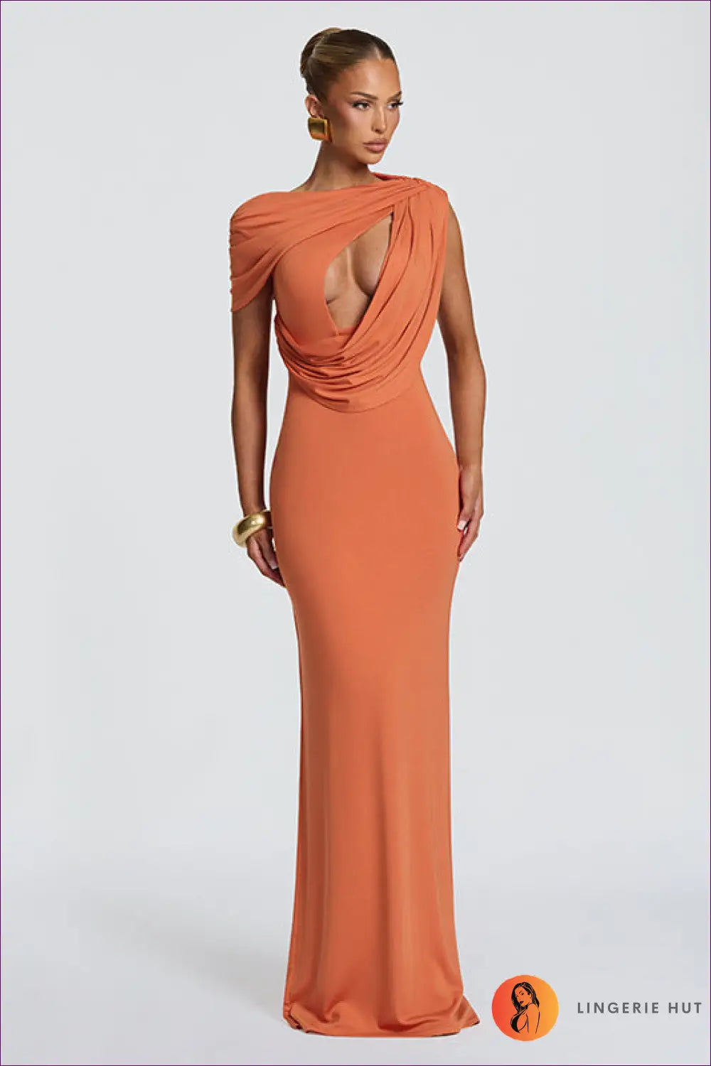 Halter Neck Backless Maxi Dress - Lace Detail Bodycon Sheath - s / Orange - Backless • Clubwear • Fishnet - Honeybadger