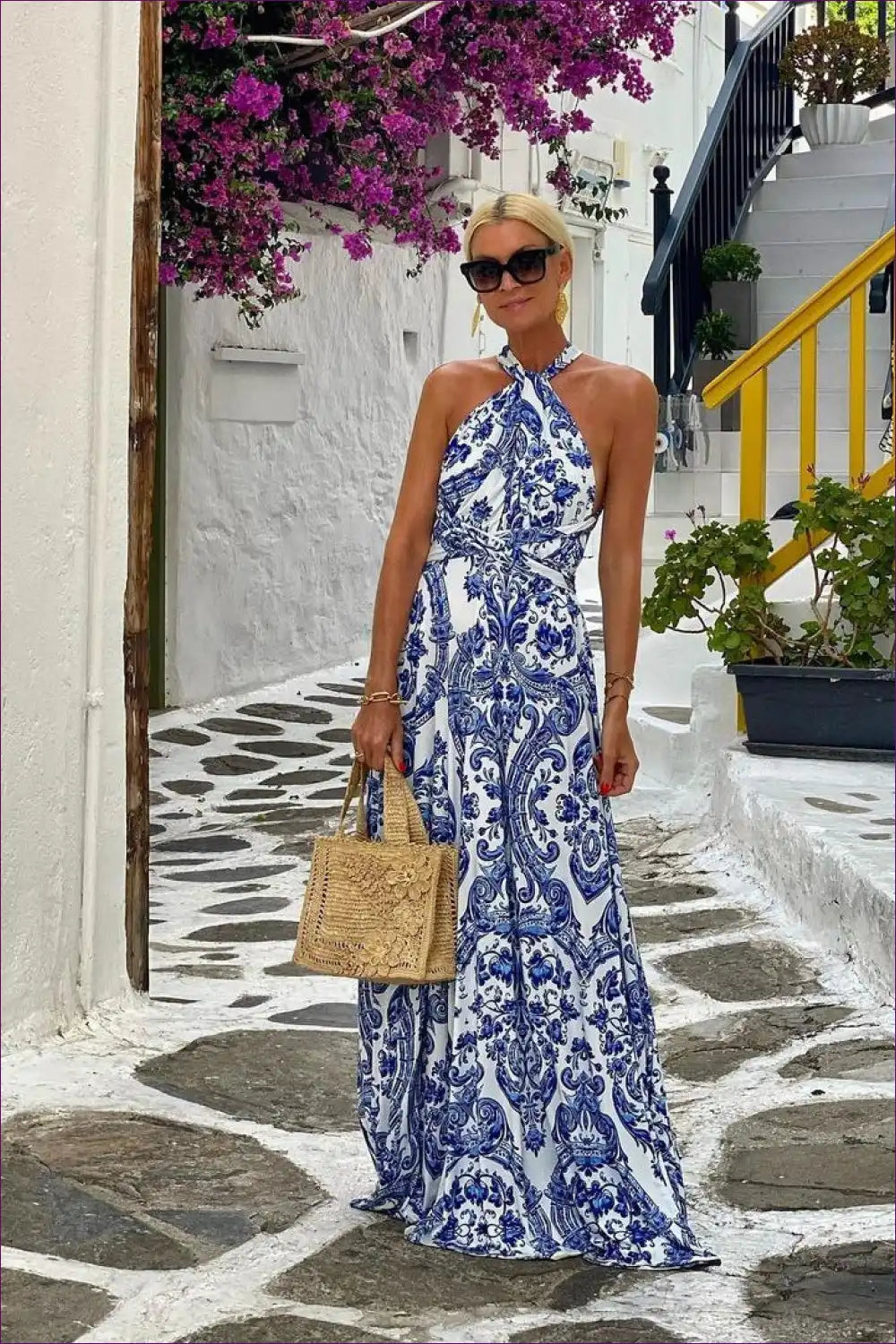 Halter Neck Maxi Dress with Baroque Print - Summer Getaway Glam for Boho, Dresses, Evening Wear, Formal Halter