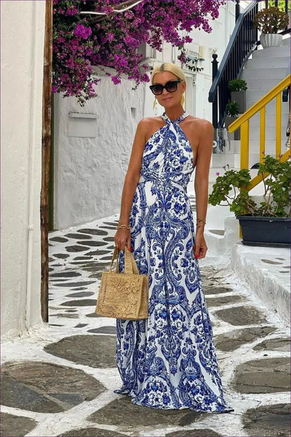 Halter Neck Maxi Dress with Baroque Print - Summer Getaway Glam for Boho, Dresses, Evening Wear, Formal Halter