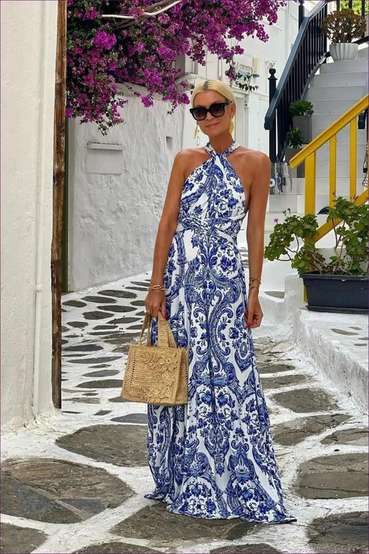 Halter Neck Maxi Dress with Baroque Print - Summer Getaway Glam for Boho, Dresses, Evening Wear, Formal Halter
