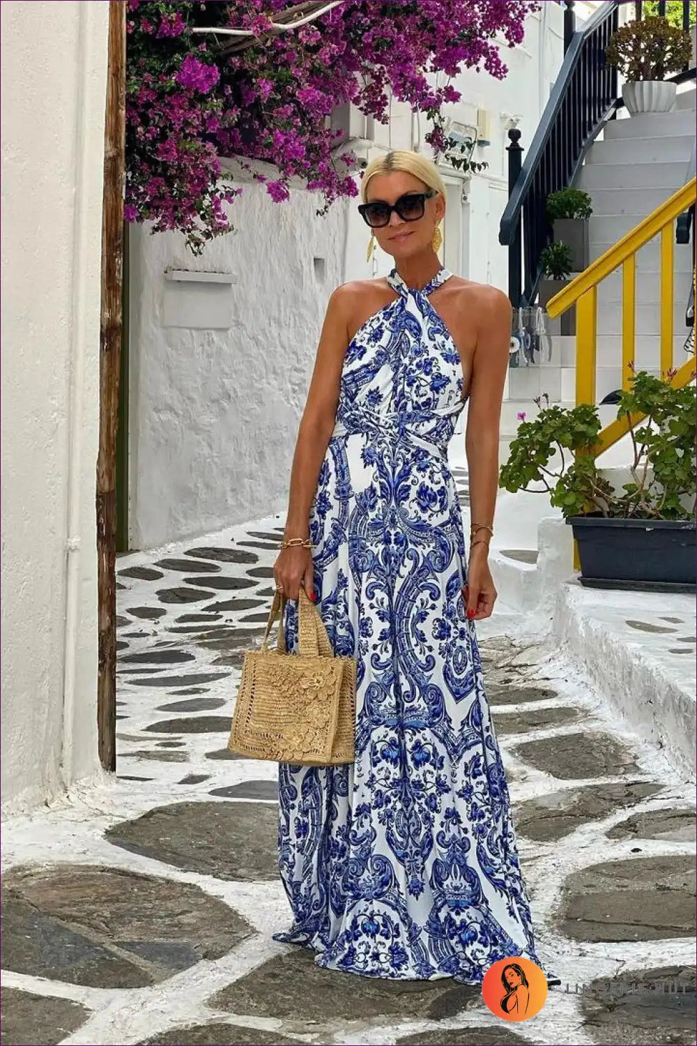 Halter Neck Maxi Dress with Baroque Print - Summer Getaway Glam for Boho, Dresses, Evening Wear, Formal Halter