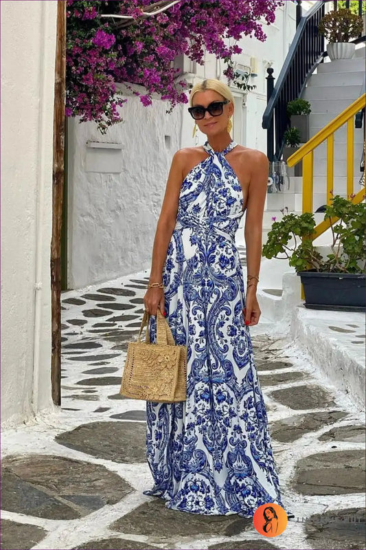 Halter Neck Maxi Dress with Baroque Print - Summer Getaway Glam for Boho, Dresses, Evening Wear, Formal Halter