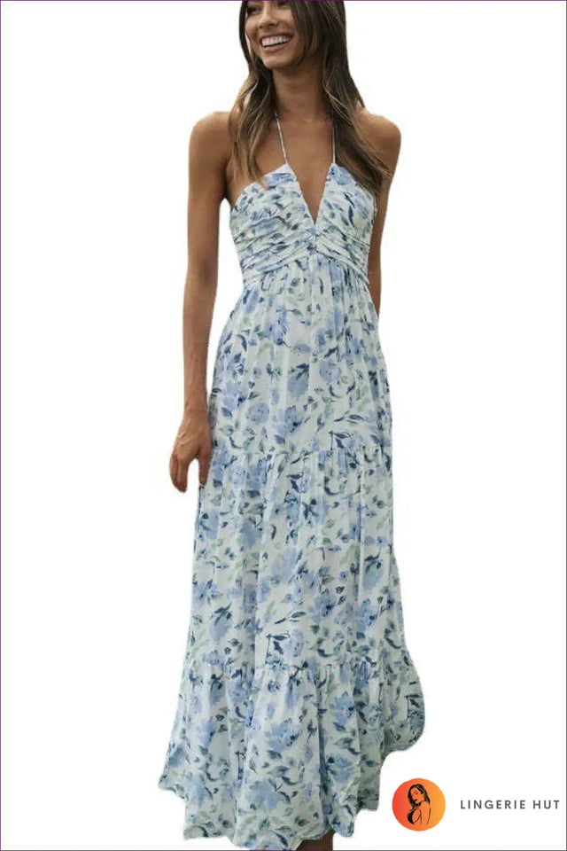Halter Neck Maxi Dress with Ruffle Hem - Boho Summer Escape