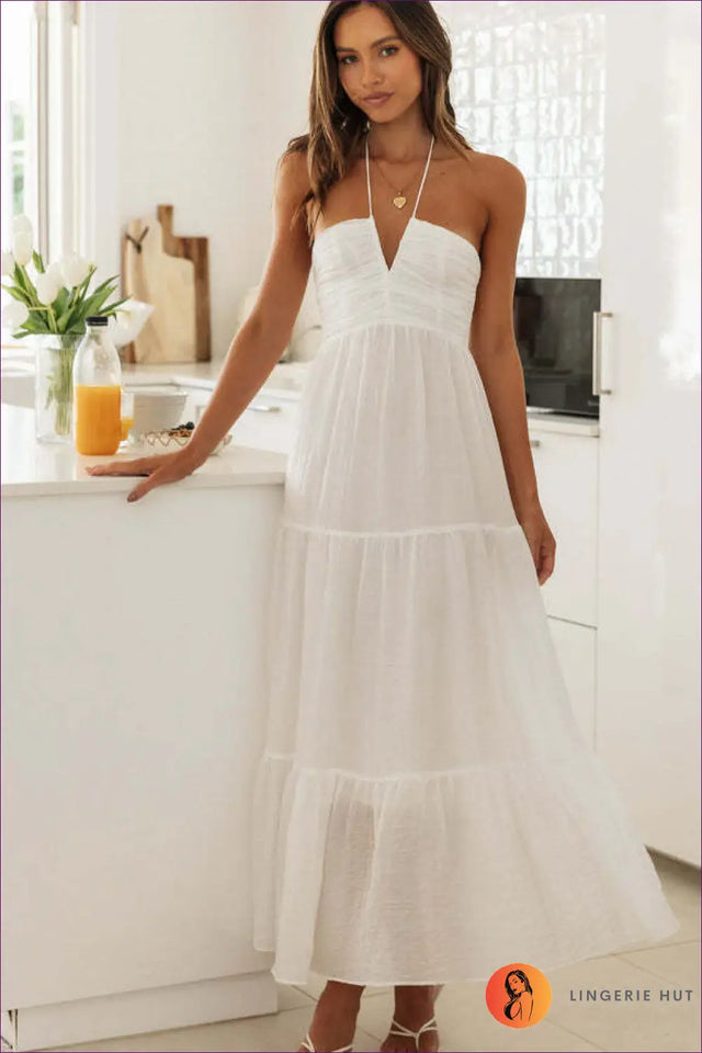 Halter Neck Maxi Dress with Ruffle Hem - Boho Summer Escape