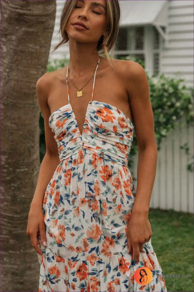 Halter Neck Maxi Dress with Ruffle Hem - Boho Summer Escape