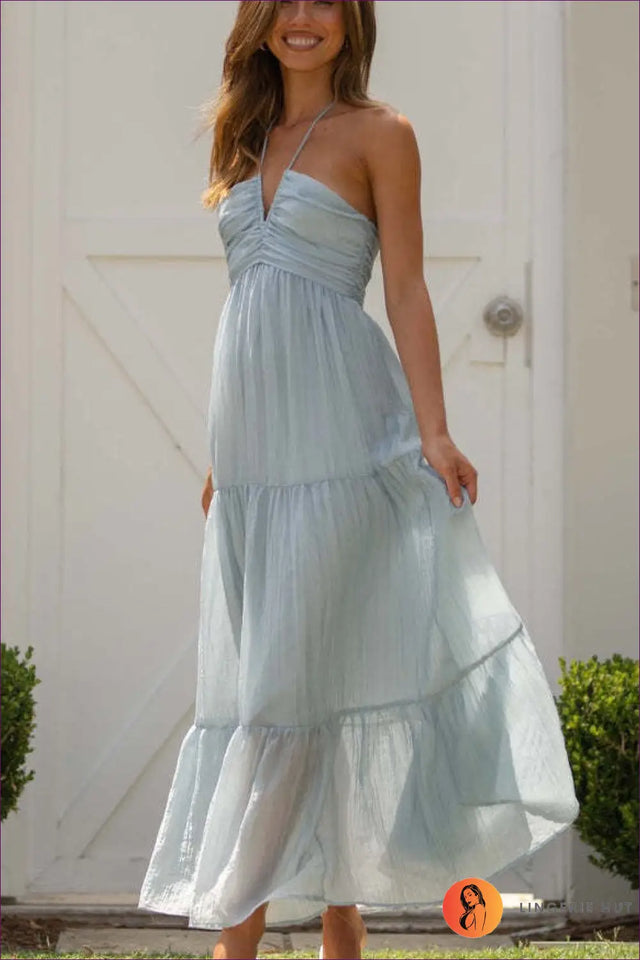 Halter Neck Maxi Dress with Ruffle Hem - Boho Summer Escape