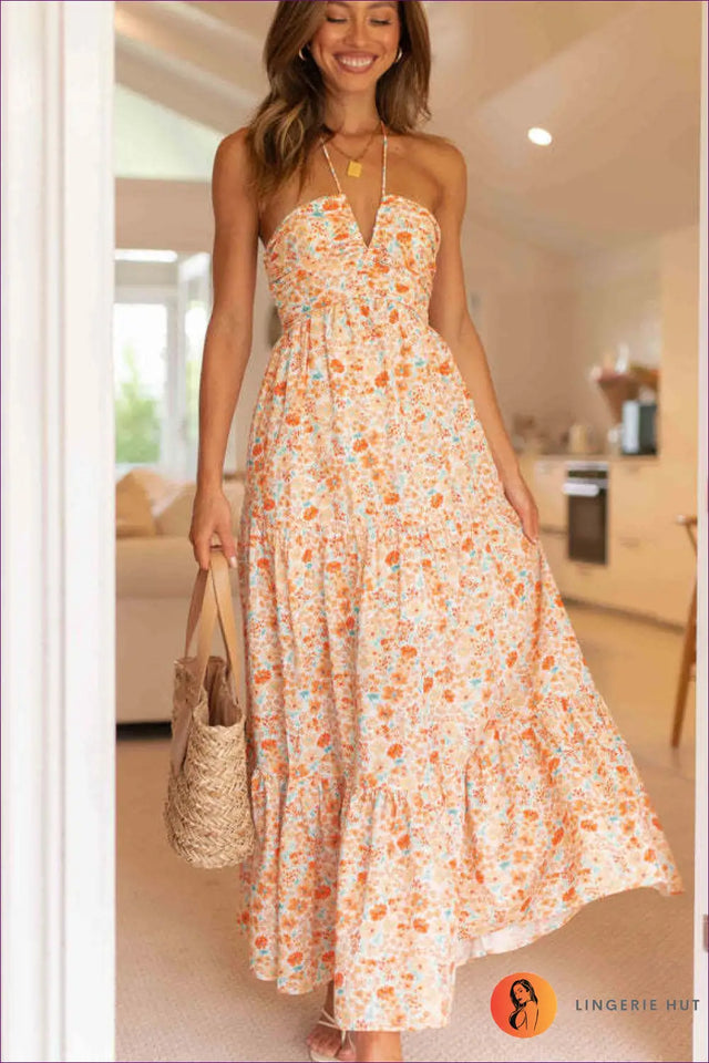 Halter Neck Maxi Dress with Ruffle Hem - Boho Summer Escape