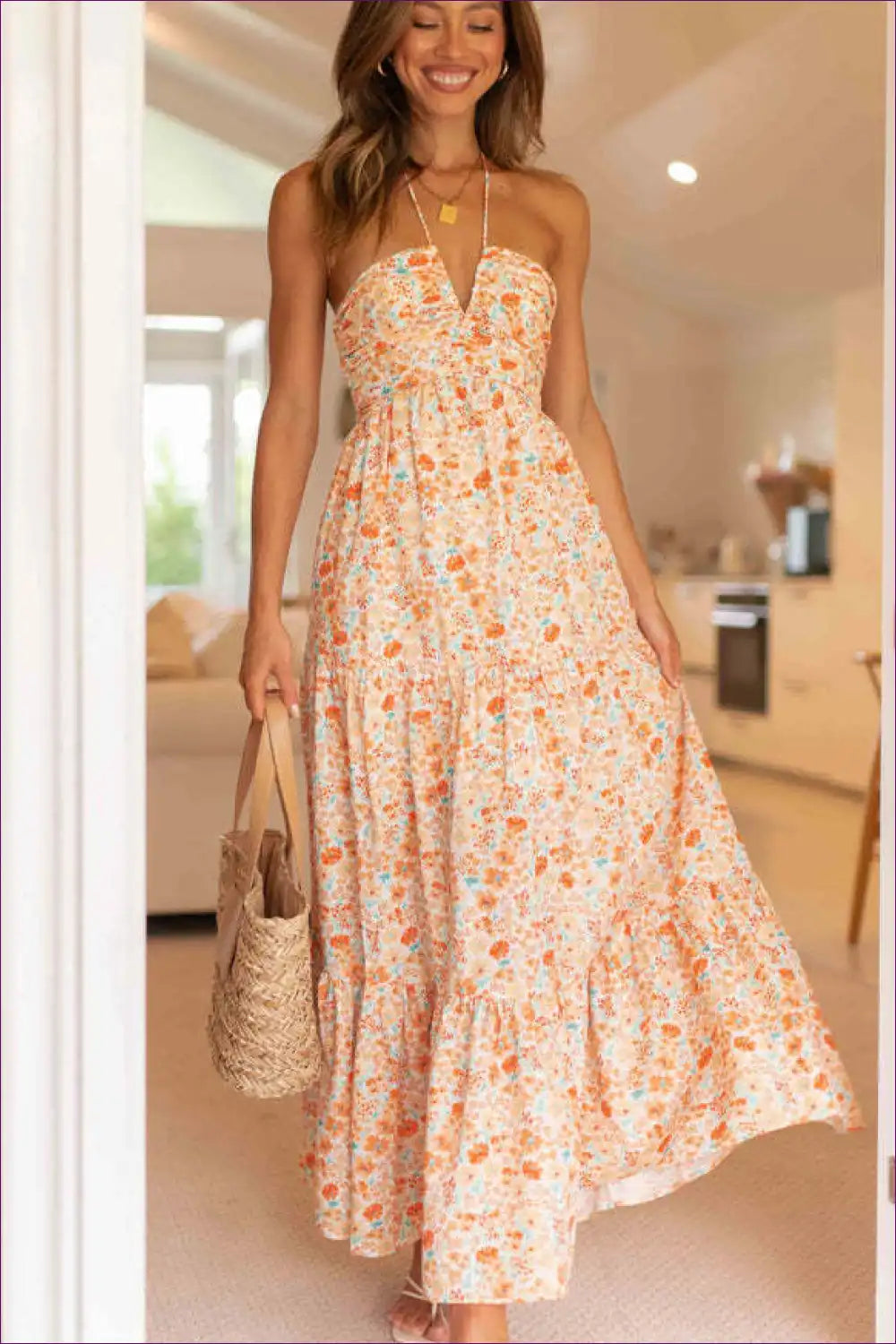 Halter Neck Maxi Dress with Ruffle Hem - Boho Summer Escape for A-line, Boho, Casual, Dresses, Floral
