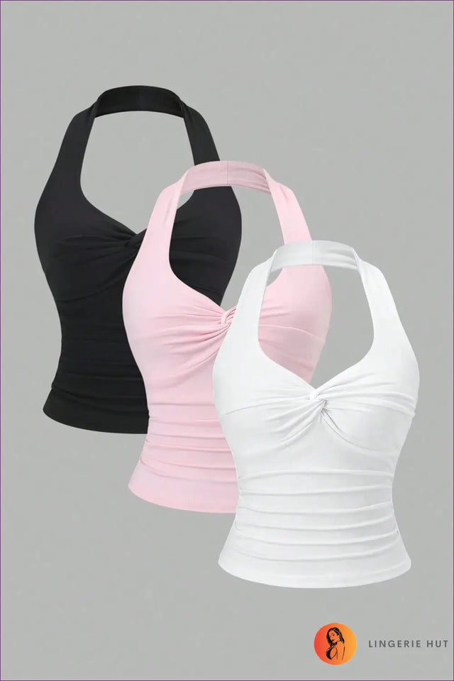 Halter Neck Twist Front Crop Top - Not Your Basic Top
