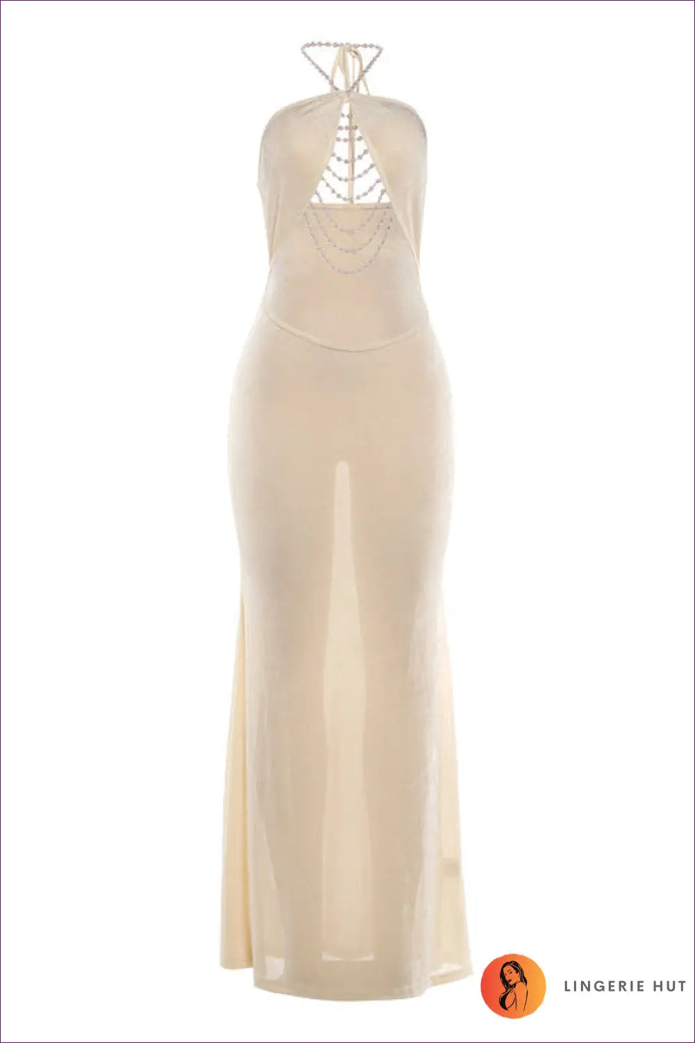 Halter Pearl Cutout Maxi Dress - Beaded Bodice - s / Apricot - Backless • Bodycon • Elegant - Dores