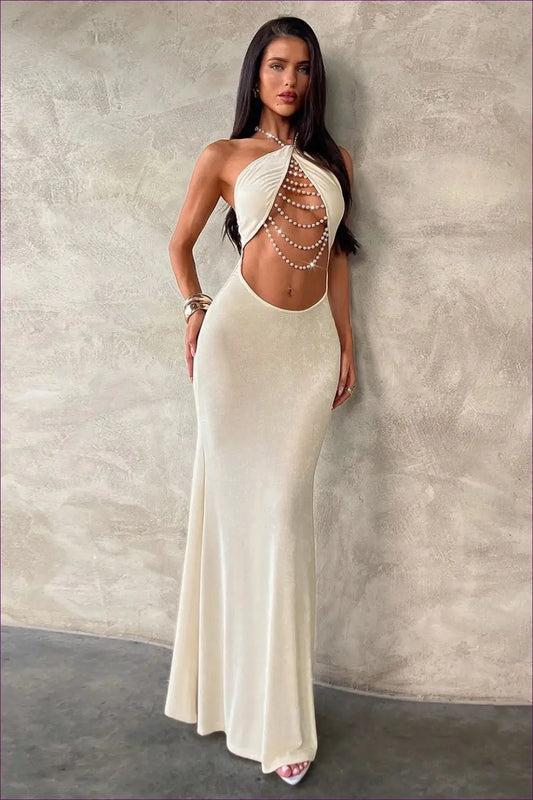 Halter Pearl Cutout Maxi Dress - Beaded Bodice - Backless • Bodycon • Elegant - Dores