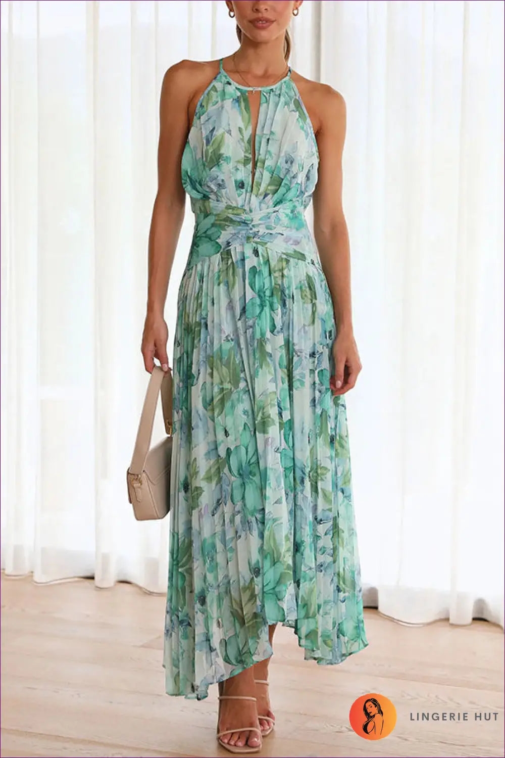 Halter Pleated Maxi Dress - Garden Party Ready - s / Green - Dresses - Lingerie Hut - A-line • Cutout • Floral • Formal