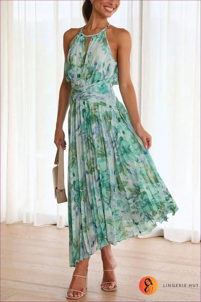Halter Pleated Maxi Dress - Garden Party Ready - Dresses - Lingerie Hut - A-line • Cutout • Floral • Formal Wear