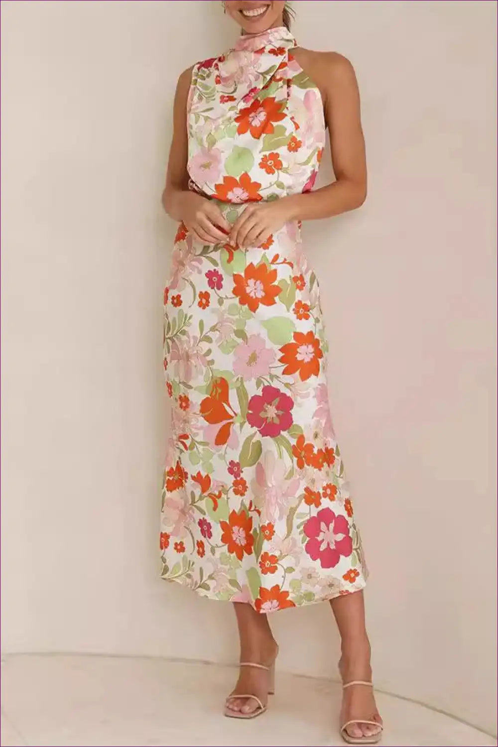 Halter Satin Floral Midi Dress with Draped High Neck for Evening Wear, Floral, Formal Midi, Party