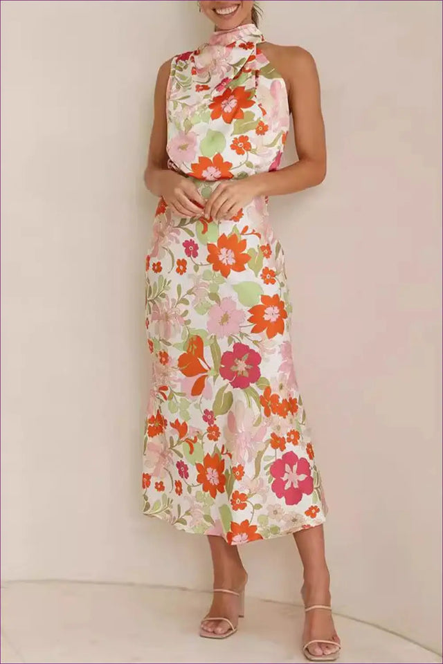 Halter Satin Floral Midi Dress - Effortless Elegance