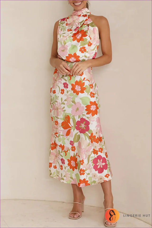 Halter Satin Floral Midi Dress - Effortless Elegance