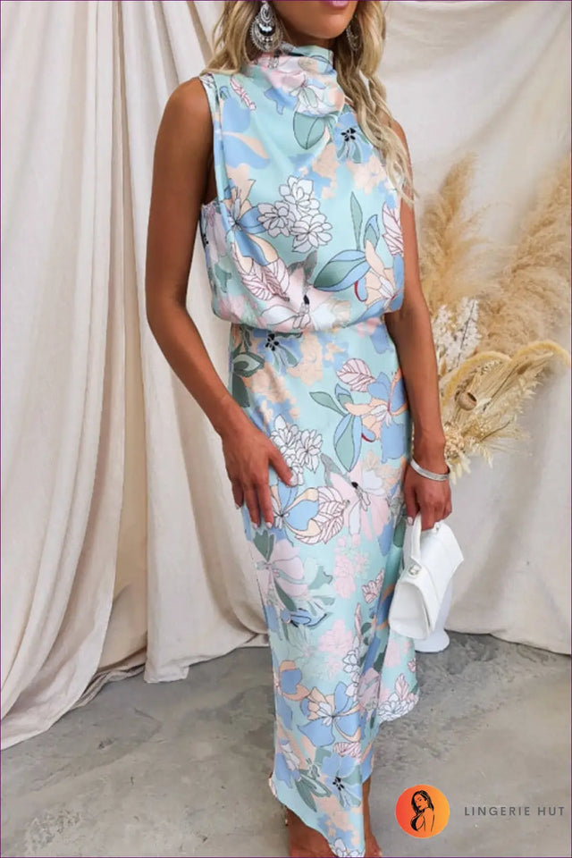Halter Satin Floral Midi Dress - Effortless Elegance