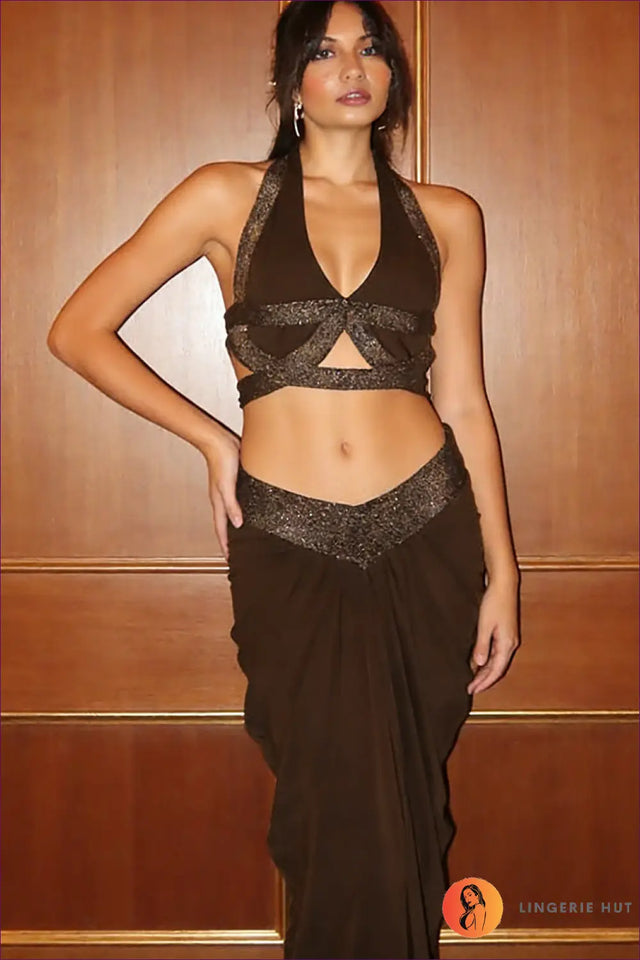 Halter Co Ord Set with Draped Maxi Skirt - Statement Evenings Await