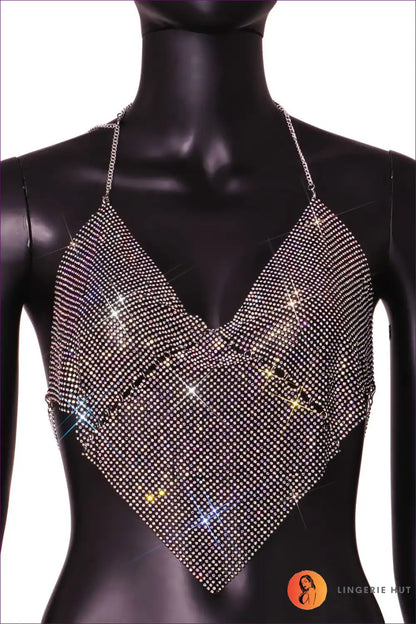 Halter Top with Chainmail Detail - Night out Glamour for All Season, Backless, Clubwear, Crop, Cutout