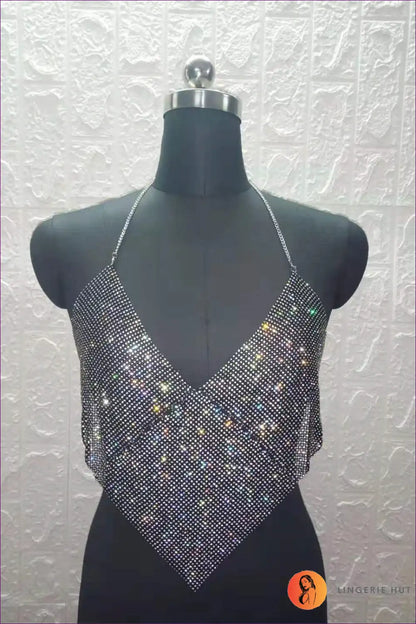 Halter Top with Chainmail Detail - Night out Glamour for All Season, Backless, Clubwear, Crop, Cutout