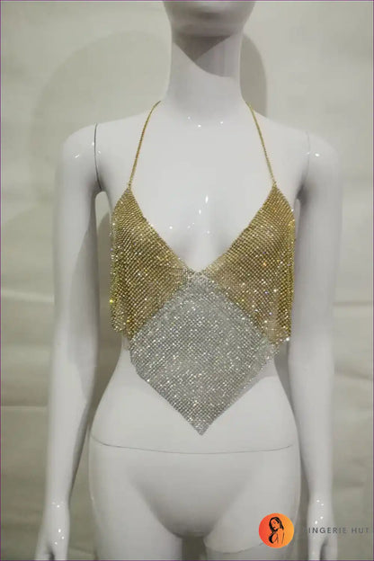 Halter Top with Chainmail Detail - Night out Glamour for All Season, Backless, Clubwear, Crop, Cutout