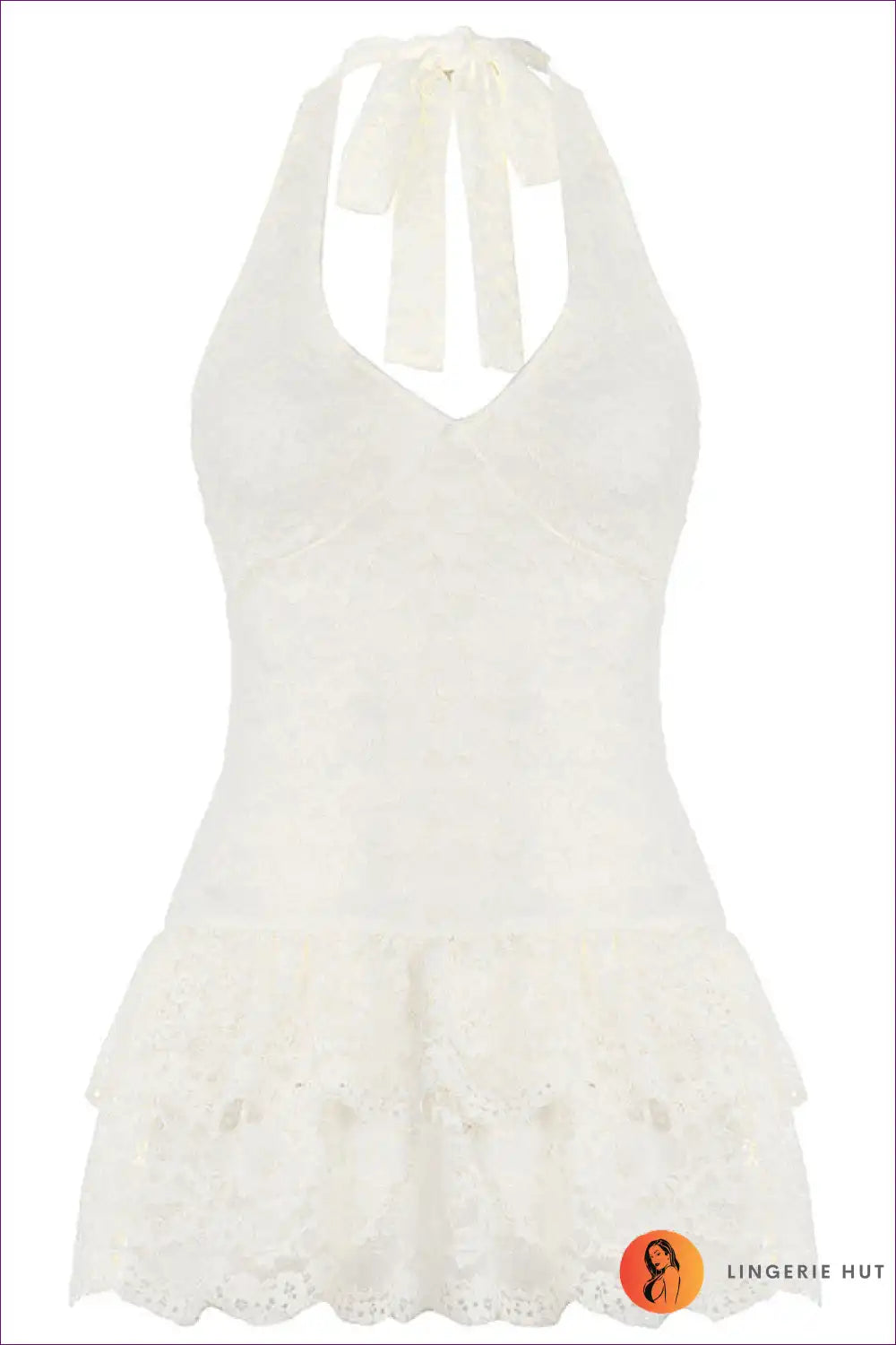 Halter Top with Lace Ruffle Detail - Romantic Evenings for All Season, Backless, Casual, Crop, Date Night