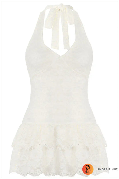 Halter Top with Lace Ruffle Detail - Romantic Evenings for All Season, Backless, Casual, Crop, Date Night