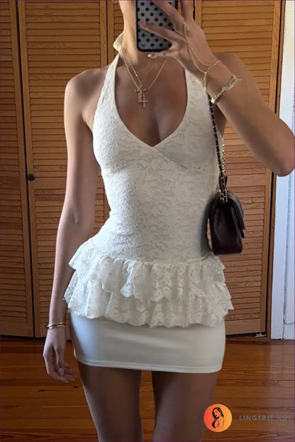 Halter Top with Lace Ruffle Detail - Romantic Evenings for All Season, Backless, Casual, Crop, Date Night