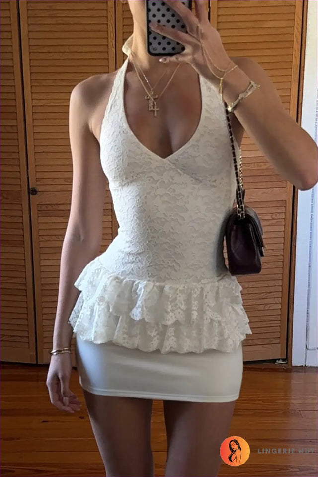 Lace Halter Ruffle Detail Mini Dress