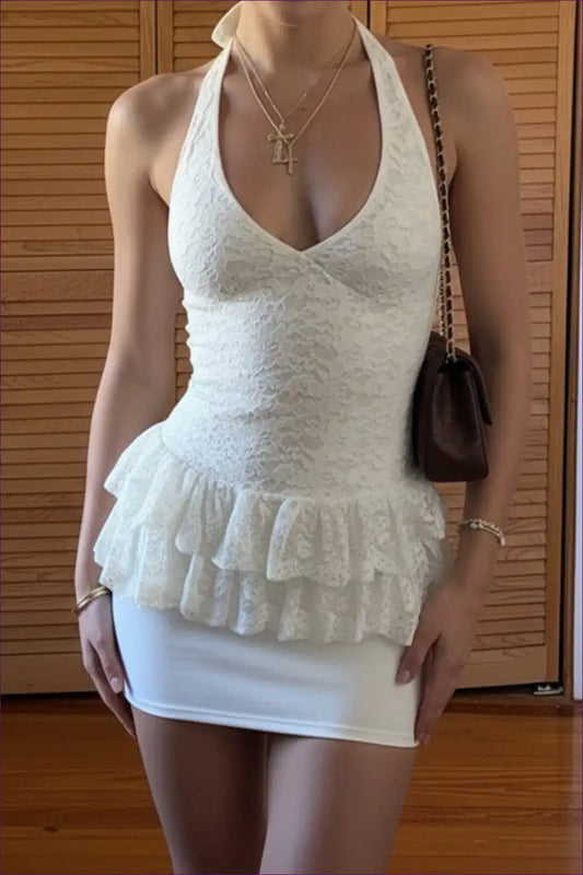 Halter Top with Lace Ruffle Detail - Romantic Evenings for All Season, Backless, Casual, Crop, Date Night