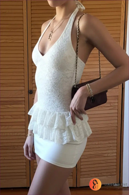 Halter Top with Lace Ruffle Detail - Romantic Evenings for All Season, Backless, Casual, Crop, Date Night