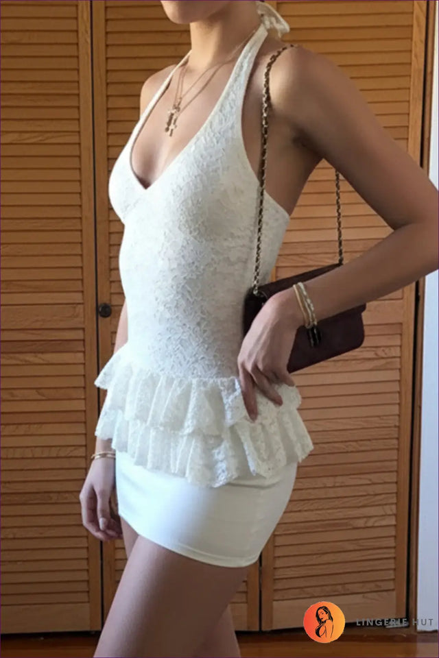 Lace Halter Ruffle Detail Mini Dress