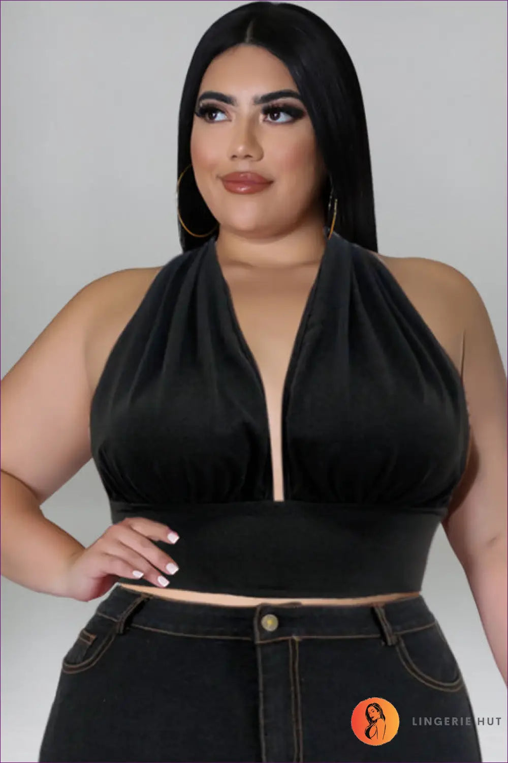 Sequin Denim Halter co Ord Set - Statement Night out Edit - Xl / Black Coat - Lingerie Hut - Crop • Glamour • Halter