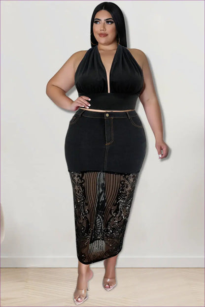 Sequin Denim Halter co Ord Set - Statement Night out Edit - Lingerie Hut - Crop • Glamour • Halter