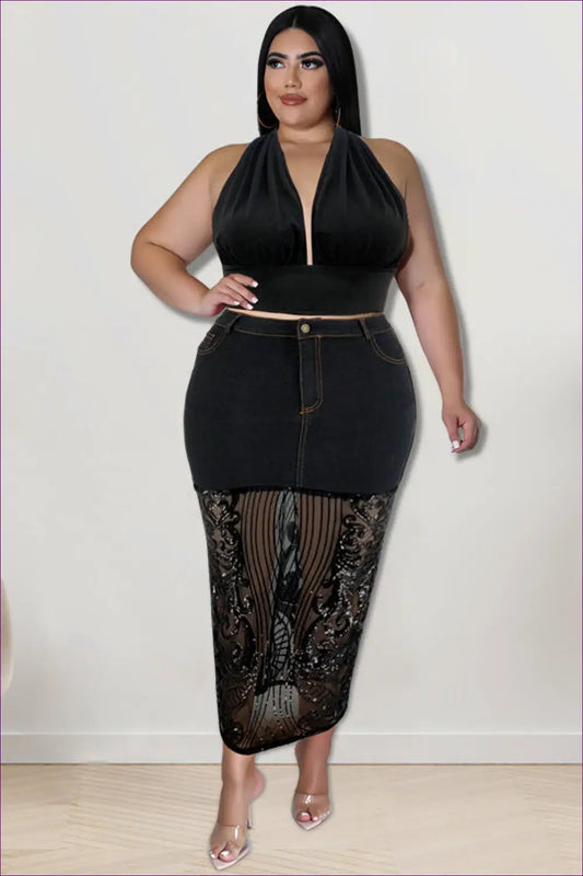 Sequin Denim Halter co Ord Set - Statement Night out Edit - Lingerie Hut - Crop • Glamour • Halter