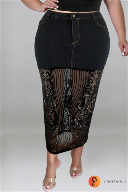 Sequin Denim Halter co Ord Set - Statement Night out Edit - Xl / Chic Half Waist Skirt - Lingerie Hut - Crop • Glamour